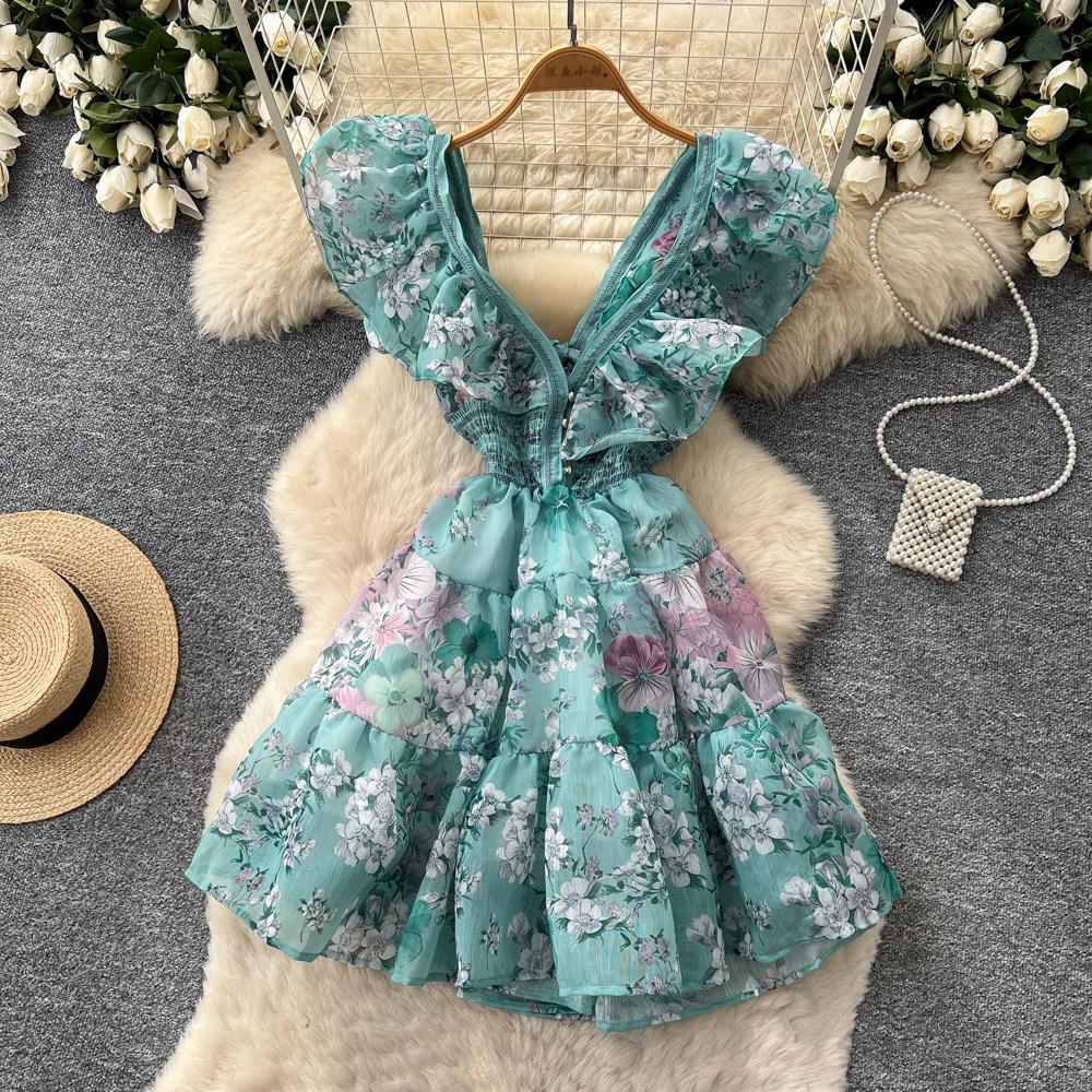 Floral sleeveless waist dress women's summer ruffle edge V-neck high waist A-shaped skirt commuter pink skirt