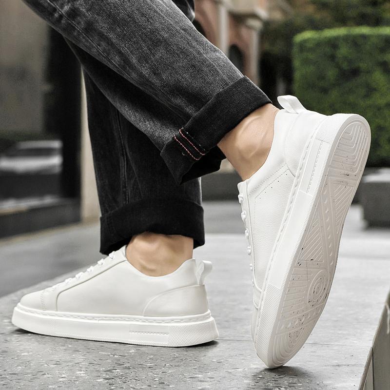 Herren Freizeit-Schuhe aus echtem Leder, Retro-Stil Schwarz/Weiß, Atmungsaktives Komfort-Innenfutter, Schnürung, Modische Sneaker, Größe 38-45