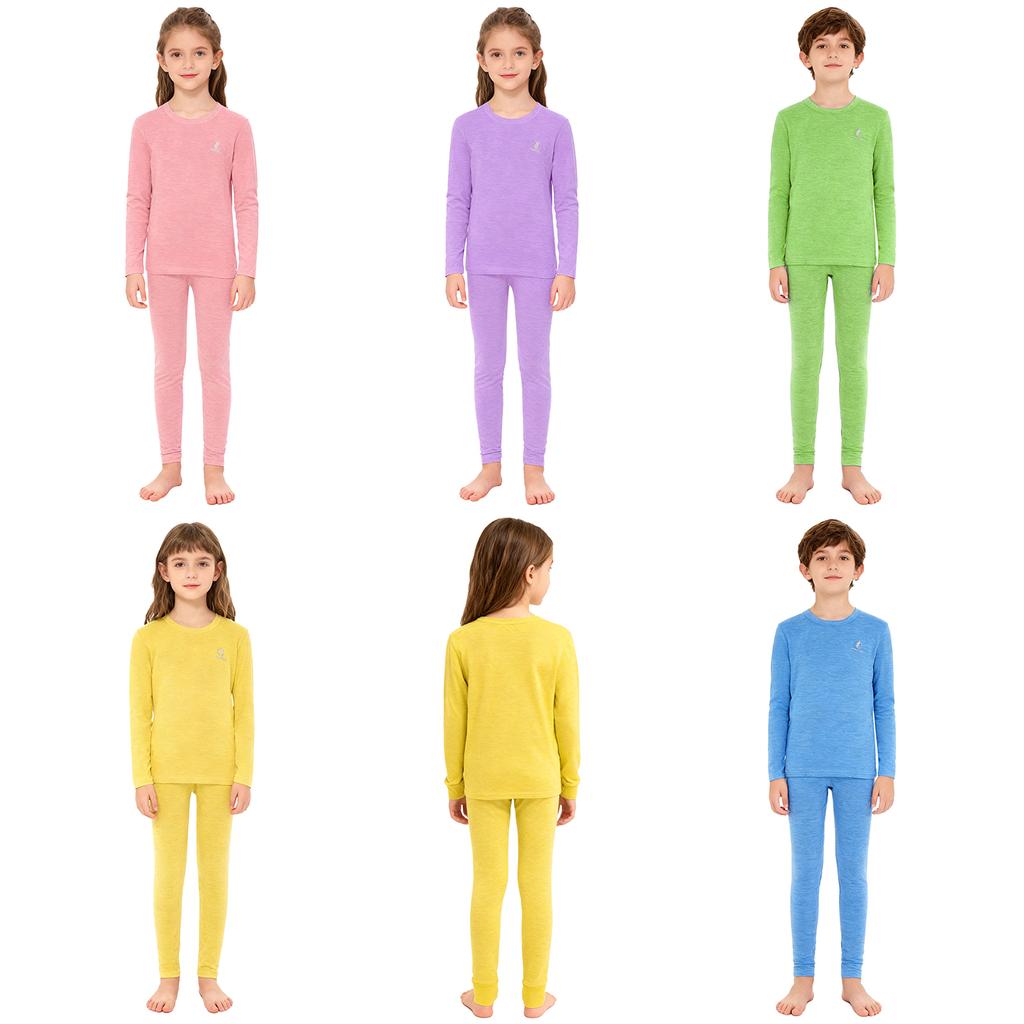 Boys Girls Winter Underwear Set, Thermal Long Sleeve Top & Leggings with Elastic Waist, Solid Color Sleepwear Loungewear