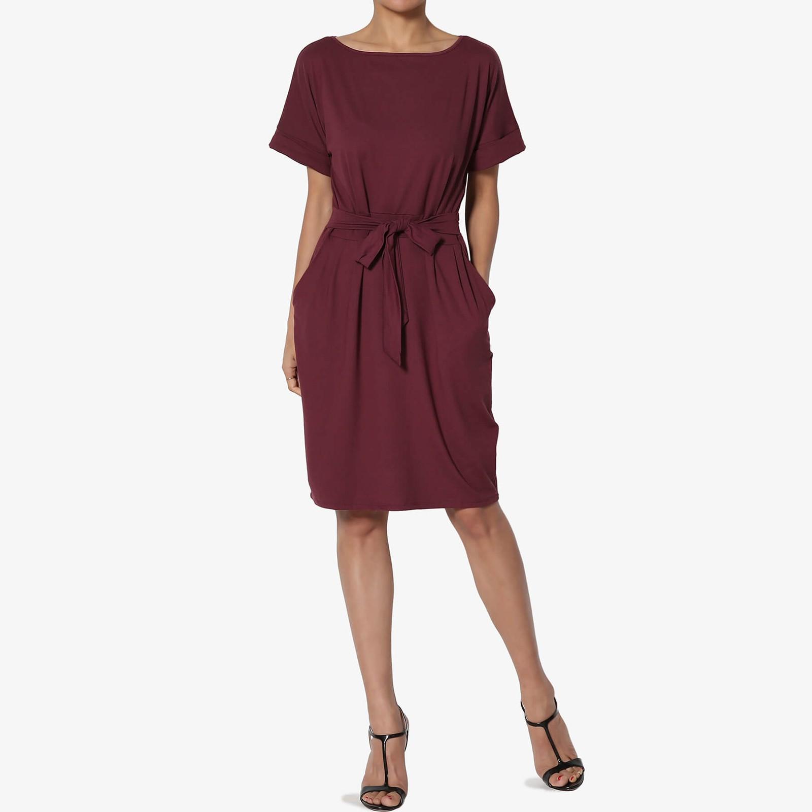 

Женское платье-труба с короткими рукавами, завязывающееся на талии, с круглым вырезом и карманами, повседневное, для офиса M винный