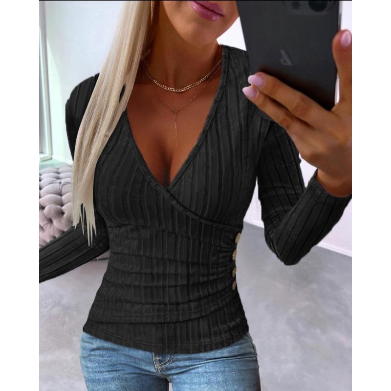 Women's Fashion Casual Solid Color Print Long Sleeve V Neck Blouses & Shirts