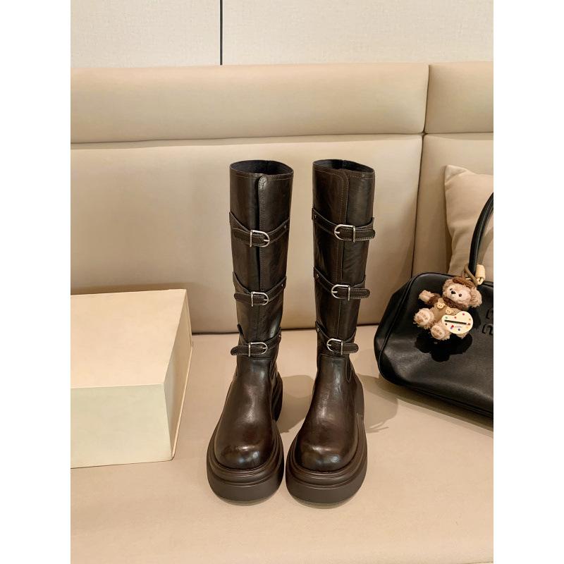 Fashionable belt buckle round head thick-soled versatile short boots knight boots women's autumn and winter