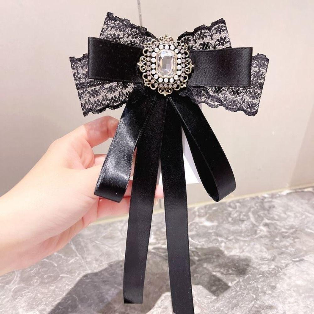Fabric Lace Ribbon Bowtie Brooch Crystal Rhinestone Bow Tie Brooches  For Funerals and Mourning