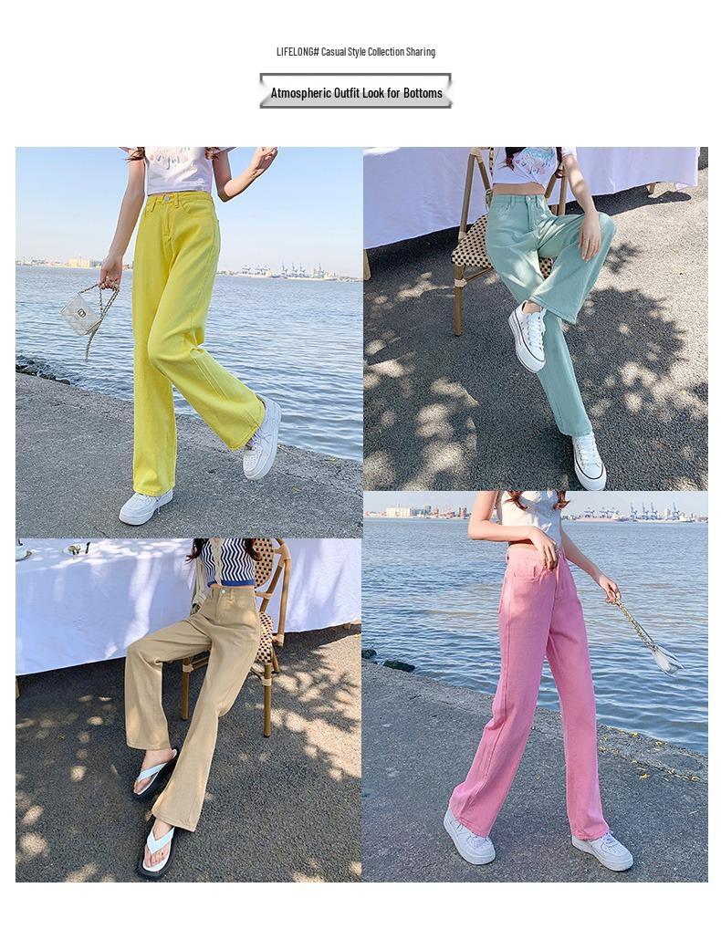 Women's Yellow High-Waisted Wide-Leg Jeans - 2022 Slimming Style for Petite Figures, Straight Floor-Length Pants