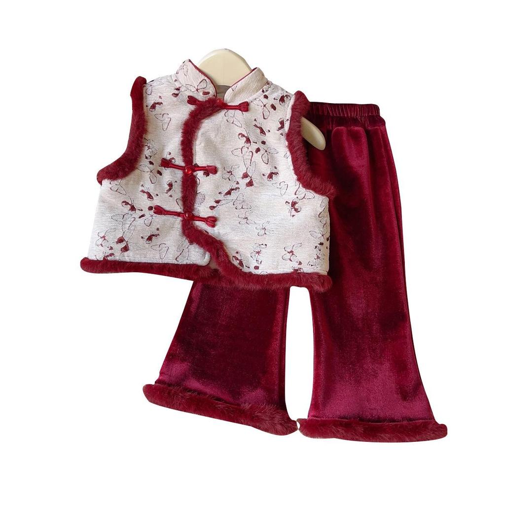 New Winter Arrival: Baby Girls' Chinese Style Fleece-Lined Vest & Long Pants Set - AWB138.