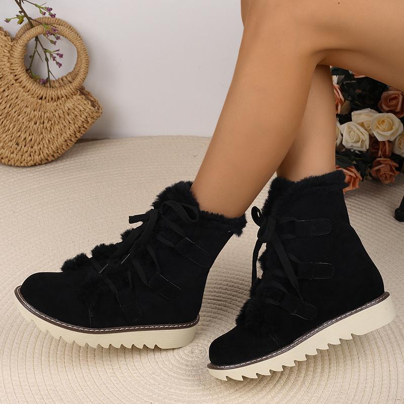 Fur Flats Women Snow Ankle Boots Suede Lace Up Casual Shoes Short Plush Cotton Boots 2025 Trend Winter Warm Non-slip Botas Mujer