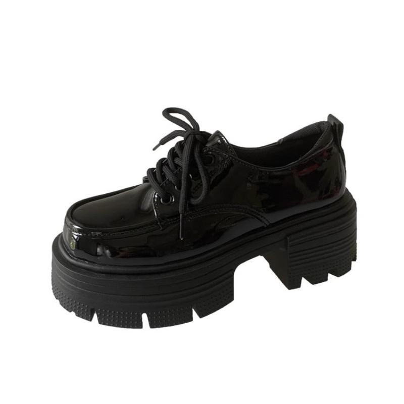 Black Brown Thick-soled Heightening Small Leather Shoes Women's Muffin Bottom Lace-up Round Head Retro Single Shoes