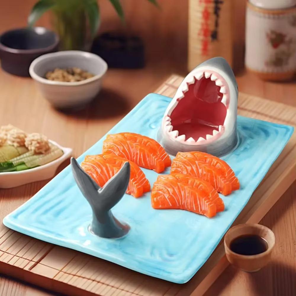 Japanese Style Sushi Serving Plate Independent Sauce Area Dumpling Plate Shark Ceramic Plate  Meal