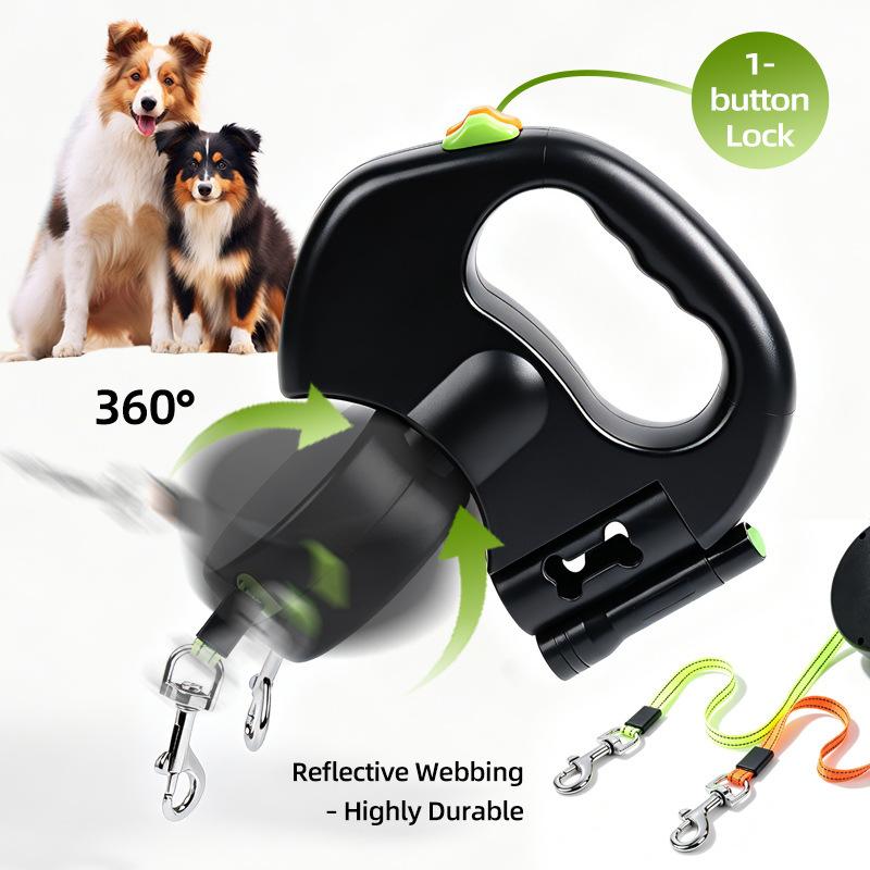 Correa para Perro de Doble Extremo de 360 Grados Cuerda de Tracción Retráctil Automática Con Linterna Caja para Bolsas de Excrementos Para Pasear a Dos Perros Correa para Mascotas