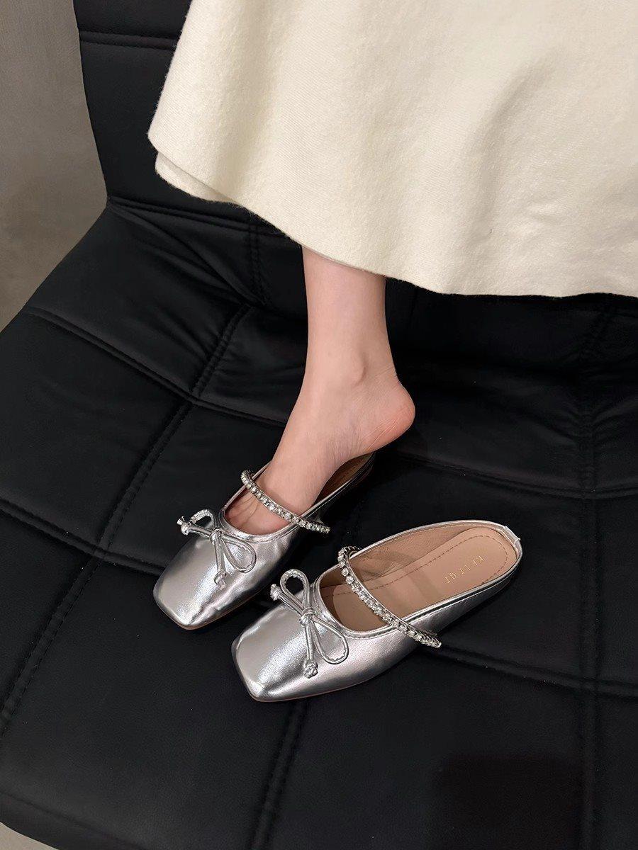 

2025 нежные весенне-летние туфли-полушлепки для женщин на плоской подошве для улицы, одинарные туфли, новые, с бантом и стразами, вечерний бриз, серебристые 40