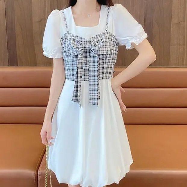Summer French Style Twopiece Dress With Puff Sleeves And Bow For Petite Women
