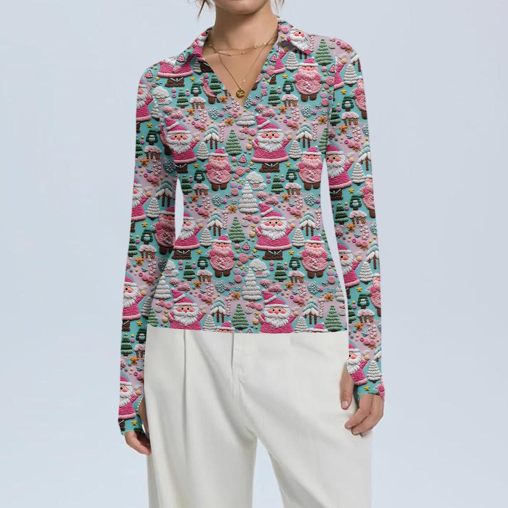 Damenmode Lässig Weihnachts-Print V-Ausschnitt Langarm Knopfleiste Oberteil