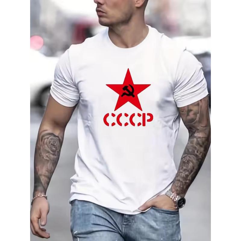 Men's Summer 100% Pure Cotton Fashionable Casual Sports Loose CCCP Letter Pentagram Printed Round Neck Short Sleeved T-shirt Top