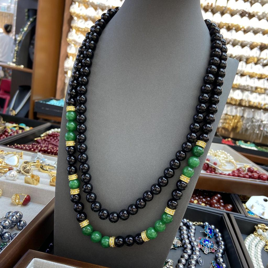 New Chinese Style Black Glazed Beaded Necklace Green Jade Bead Partition Retro High-End Natural Stone Black Agate Sweater Chain Women