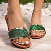 Foreign trade large size summer new one-word sequin sandals women wear square head open toe flat bottom beach women's sandals