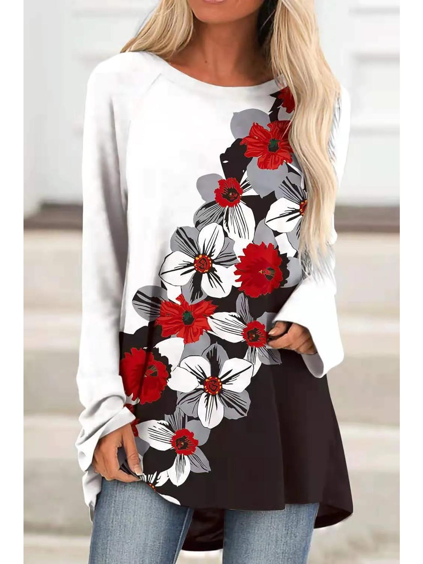 

Женская футболка больших размеров с цветочным принтом, удобная, с длинным рукавом и круглым вырезом, повседневная, свободного кроя, средней длины 8XL красный