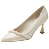 Off-white pearl high heels women's stilettos student host etiquette pointed single shoes French bridesmaid shoes red wedding shoes