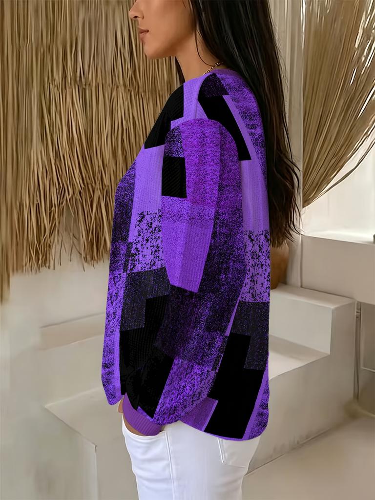 Women's Waffle Henley Collar Button-down Long-sleeved Top Purple and Black Contrast Patchwork Square Print Casual Pullover