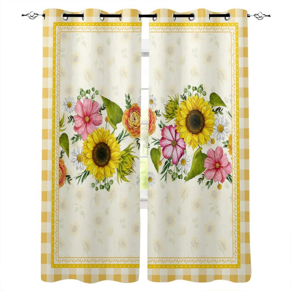 Sunflowers Pattern Design Vintage Beige Print Kitchen Curtain Window Treatment Living Interior Room Office Decor Drape for Kids Home Rest Room