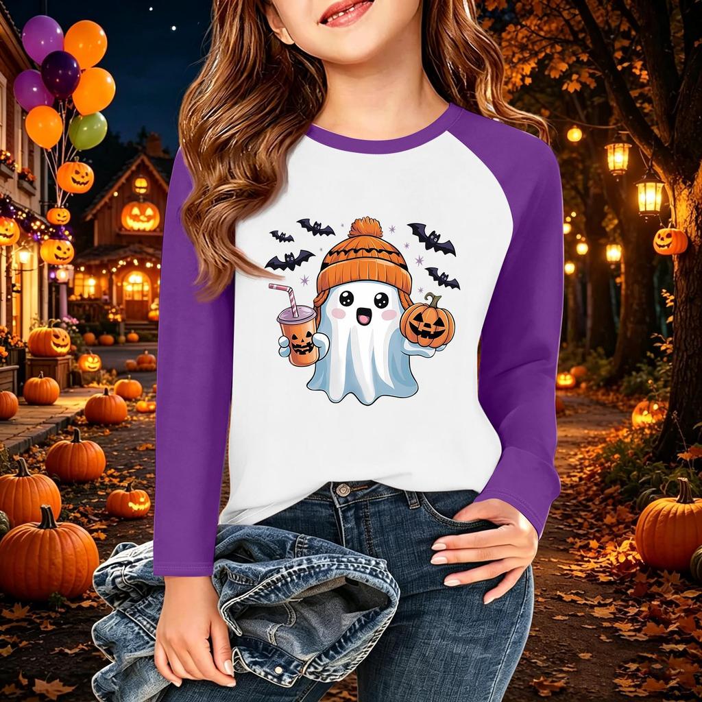 Kids Halloween Printed Long Sleeve T-Shirt, Casual Round Neck Top for Daily Wear and Party