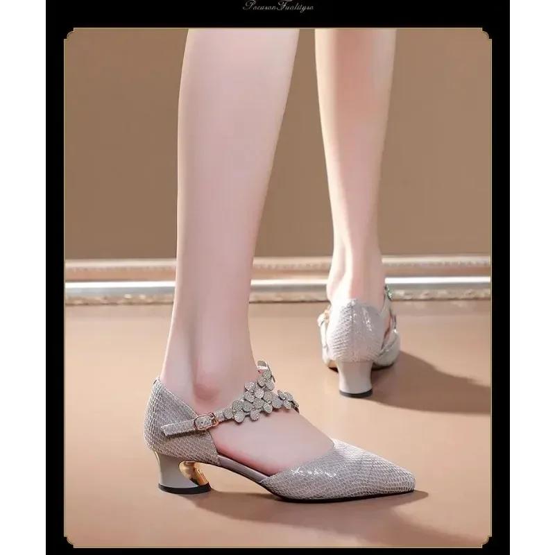 Single Shoes Women's Hollow Sandals Summer New Baotou Rhinestone Large Size Trend Fashion Versatile Gold High Heels Bridal Shoes