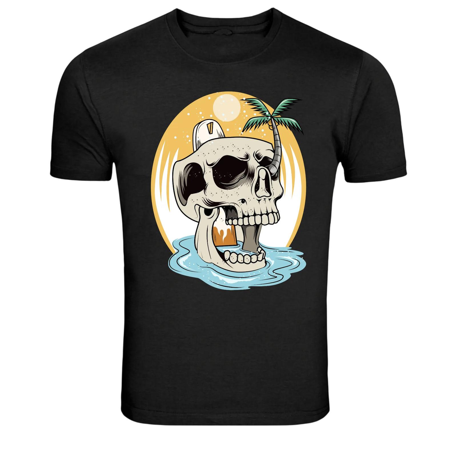 Skull Island Sunset T-Shirt Tropical Palm Tree Skull Graphic Tee S