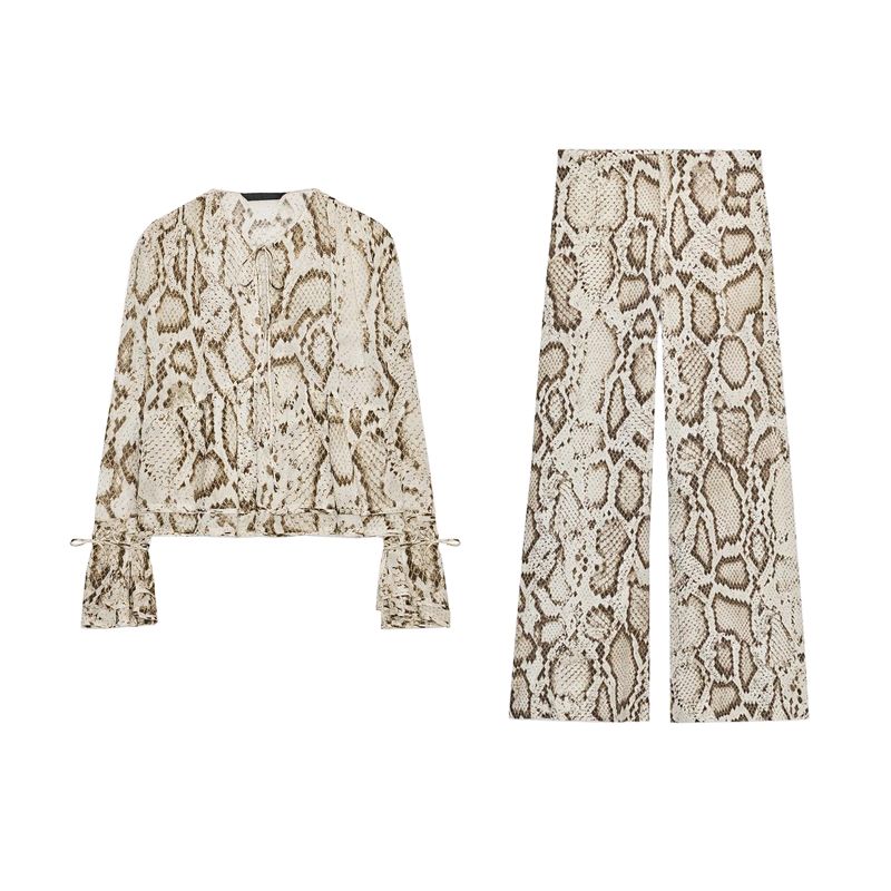 Round Neck Long Sleeves Animal Pattern Print Shirt 3716826 Mid-Waist Straight Translucent Pants 3660828