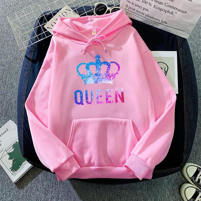 Queen King Print Sweatshirts Couples Daily Casual Sporty Hooded Long Sleeve Pullover Woman Men Home Outdoor Comfort Warm Hoodies