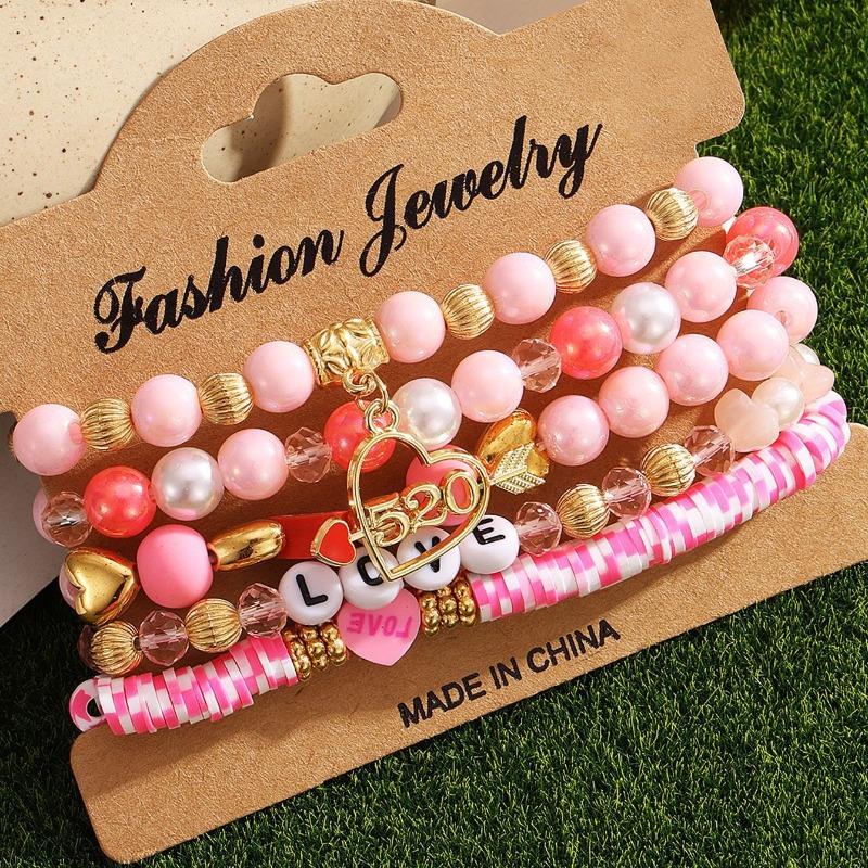 Valentine's Day Bracelet Multi-layer Stacked Pink Love Pendant Bracelet Soft Pottery Beaded Elastic Bracelet