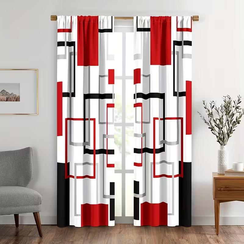 2pcs Bold Red Black Geometric Pattern Curtains, Designed for Light Blocking, Premium Material, Suitable for Living Room, Bedroom