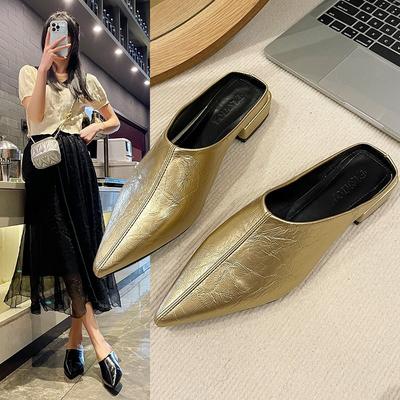 Premium Minimalist Gold Textured Soft Leather Pointed Baotou Thick Heel Cool Slippers Women's Summer Shoes Sandals