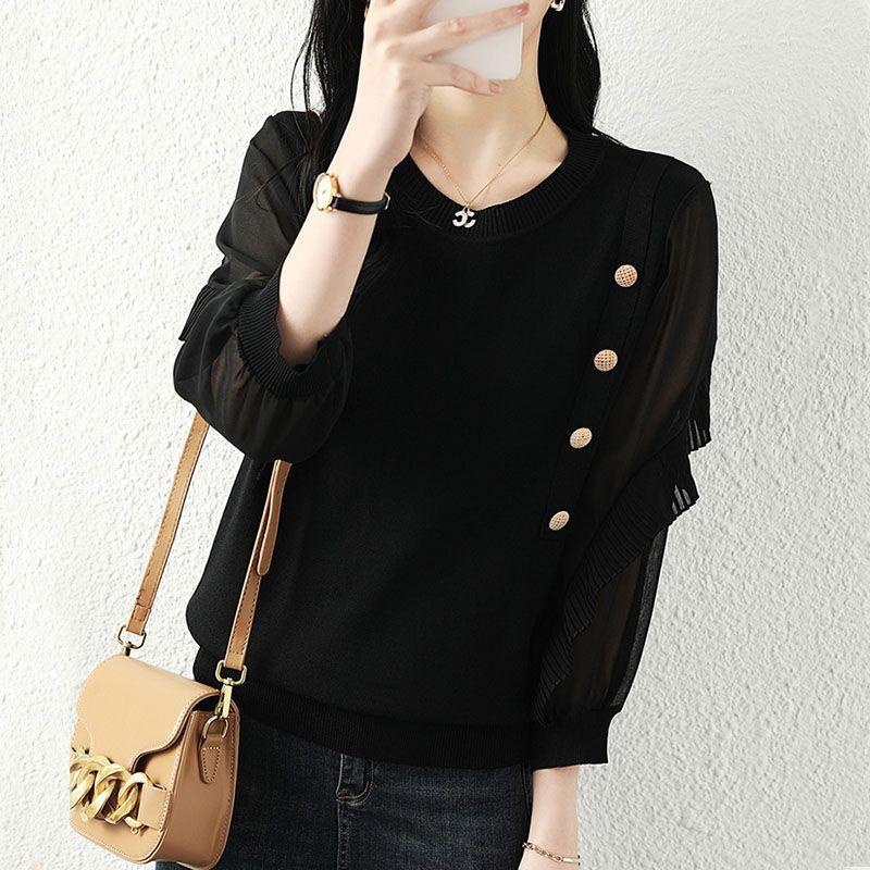 Korean Gauze Patchwork Blouse 3/4 Sleeve Women's Clothing Commute Solid Color O-Neck Spring Autumn Button Basic Knitted Shirt