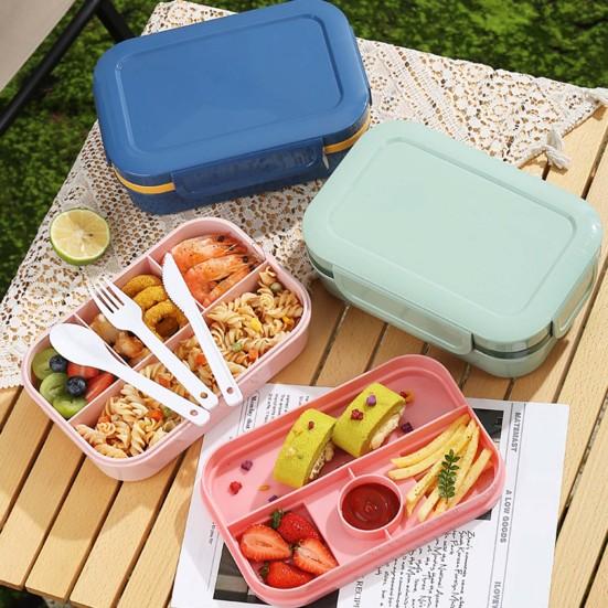 2000ML Double Layers Lunch Box with Spoon Fork Cutter Airtight Lid Food Grade Dishwasher Microwave Freezer Safe Students Thermal Bento Food Container