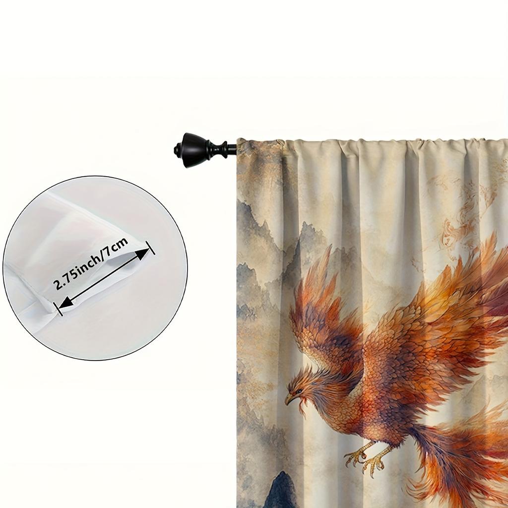 Set Of 2 Elegant Phoenix Print Curtains Traditional Chinese Ink Painting Style Warm Reds Goldens Delicate Curtain Room Darkening Made Polyester
