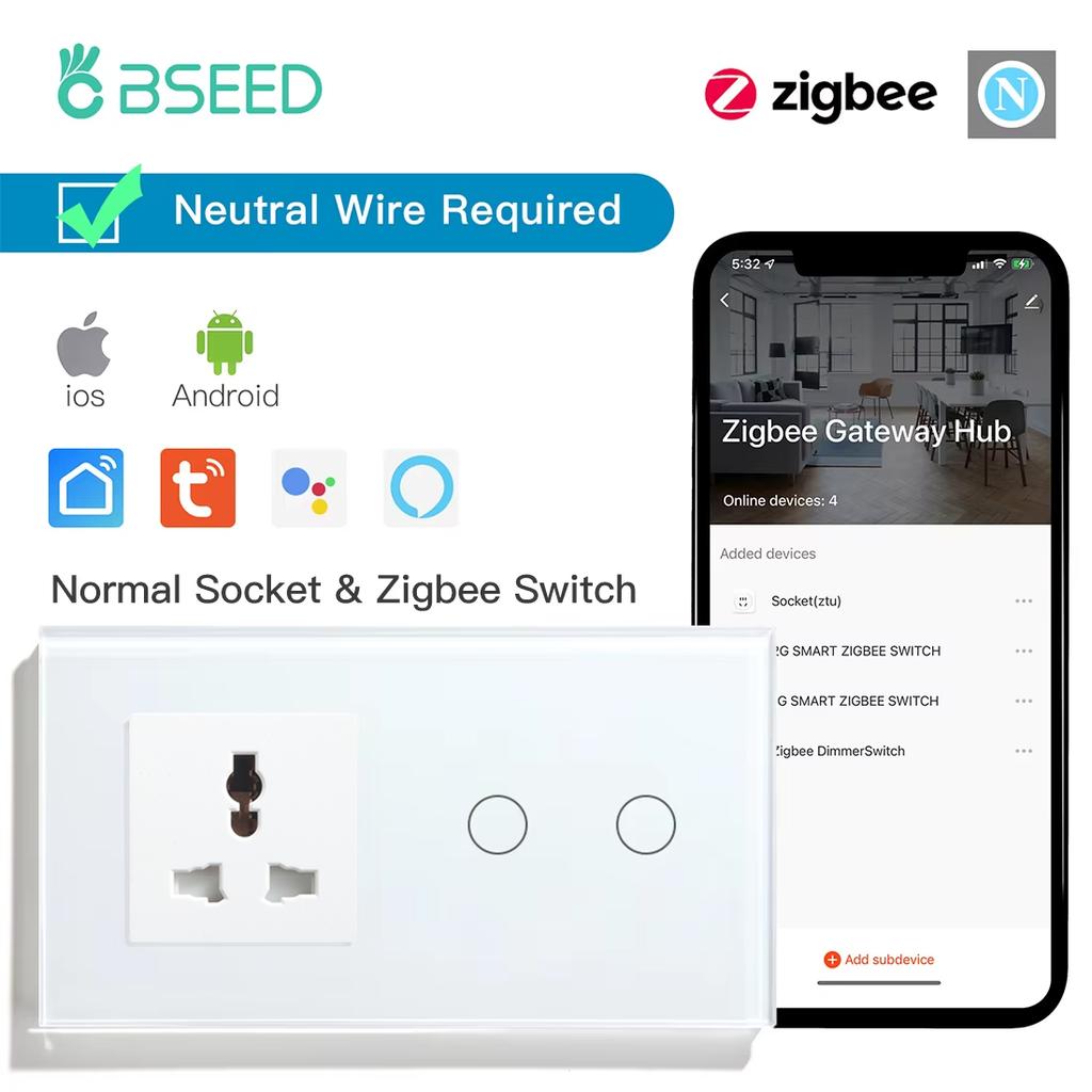 BSEED Zigbee 1/2/3Gang Touch Smart Light Switches 1/2/3Way Tuya Smart Life App Control Plus Universal Wall Socket Plugs