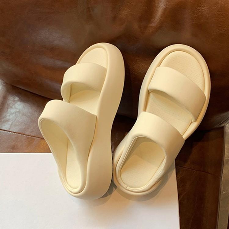 Sheepskin version~ thick-soled heightening leather bread casual muffin one-word slippers, summer women's beach cool slippers