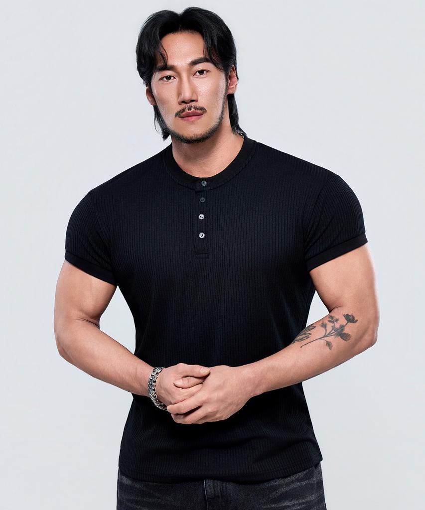 Pijikeolgameoncheu P2639 Henley Neck Muscle Fit Ribbed Short Sleeve [3 Colors]