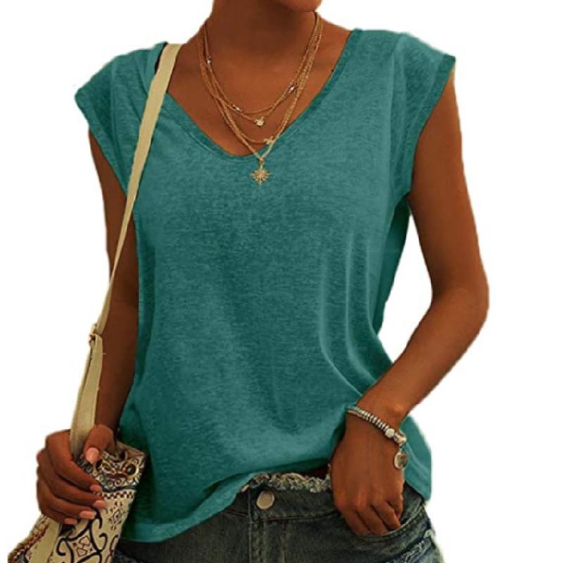 Damen-T-Shirt mit V-Ausschnitt, lässig, mit Flügelärmeln, Weste, einfarbig, lockere Bluse, passende Tank-Tops