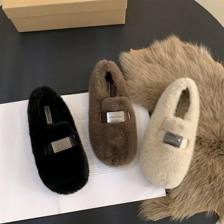 Mao Mao shoes women pedal new velvet cotton shoes flat autumn and winter Internet celebrities warm Korean version of Doudou shoes 2025 outer wear