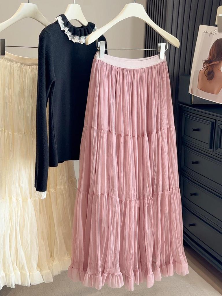 Korean-Style Pleated Elastic Waist Skirt - Women's Spring/Autumn, Slim Fit, Large Hem