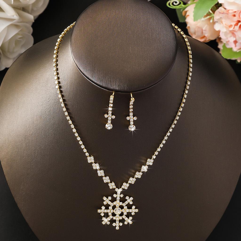 Christmas Snowflake Full Diamond Claw Chain Necklace Earrings Set Holiday Jewelry Two-Piece Set Women