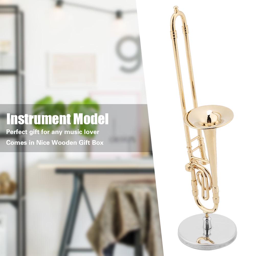 Miniature Trombone Replica with Stand and Case Gold Plated Instrument Model Musical Ornaments