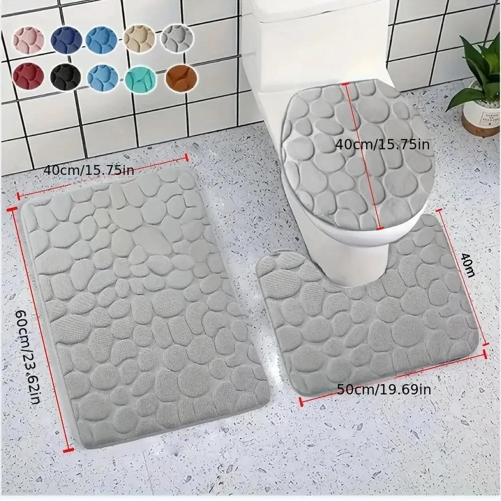 Toilet Seat Cover 1Pcs Set Bath Mat Shower Room Floor Rug Home Bathroom Anti-Slip Absorbent Doormat Pebbles Bathtub Decor Carpet
