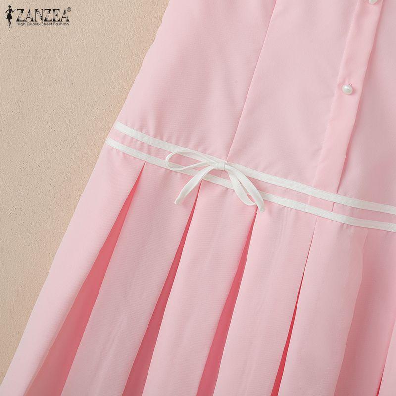 ZANZEA Damen Freizeitkleid mit Puppenkragen Sommer Kurzarm