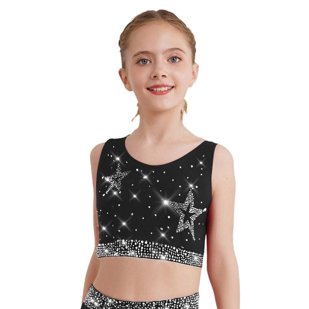 Dívčí gymnasticko-taneční set: Crop top tílko s kamínky, křížením na zádech a véčkem vpředu, s šortkami s elastickým pasem