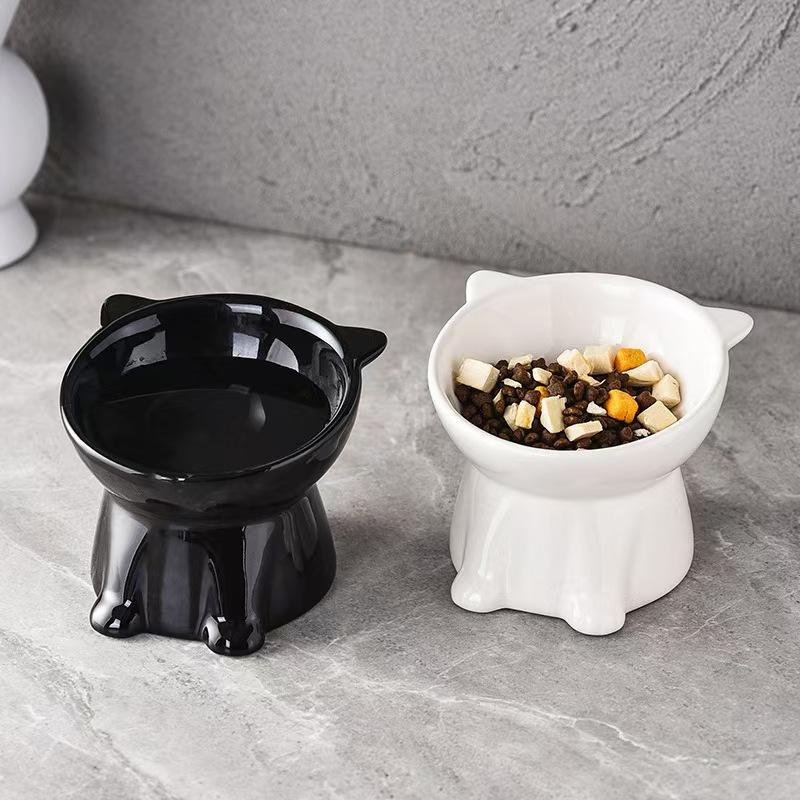 2pcs Set - Elegant Black/Pure White Elevated Pet Bowls with 15° Tilt – Anti-Spill Raised Pet Feeding Bowls, Non-slip Cat Double Bowls with