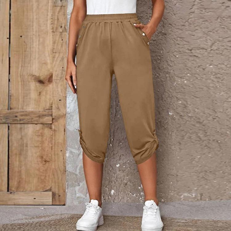 

Summer Women Cropped Pants Elastic Waist Button Pockets Qunide S хаки