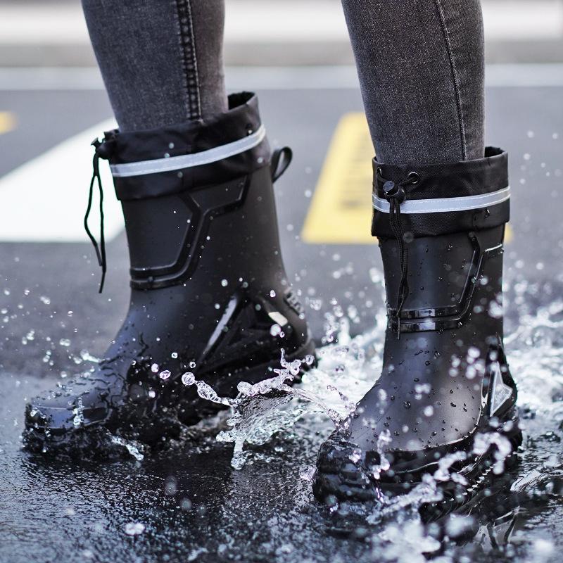 Rain boots men's waterproof drawstring fishing lightweight fleece cover warm non-slip flat rain boots