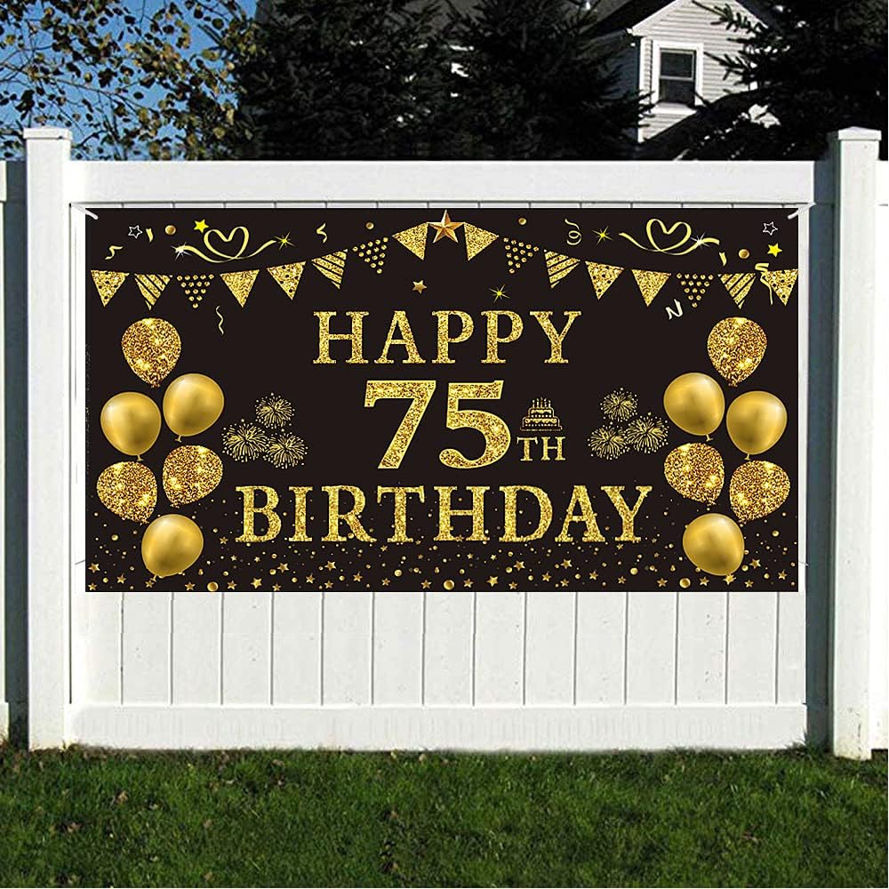 Trgowaul 75th Birthday Backdrop Gold and Black 5.9 X 3.6 Fts Happy Birthday Party Decorations Banner for Women Men Photography Supplies Background