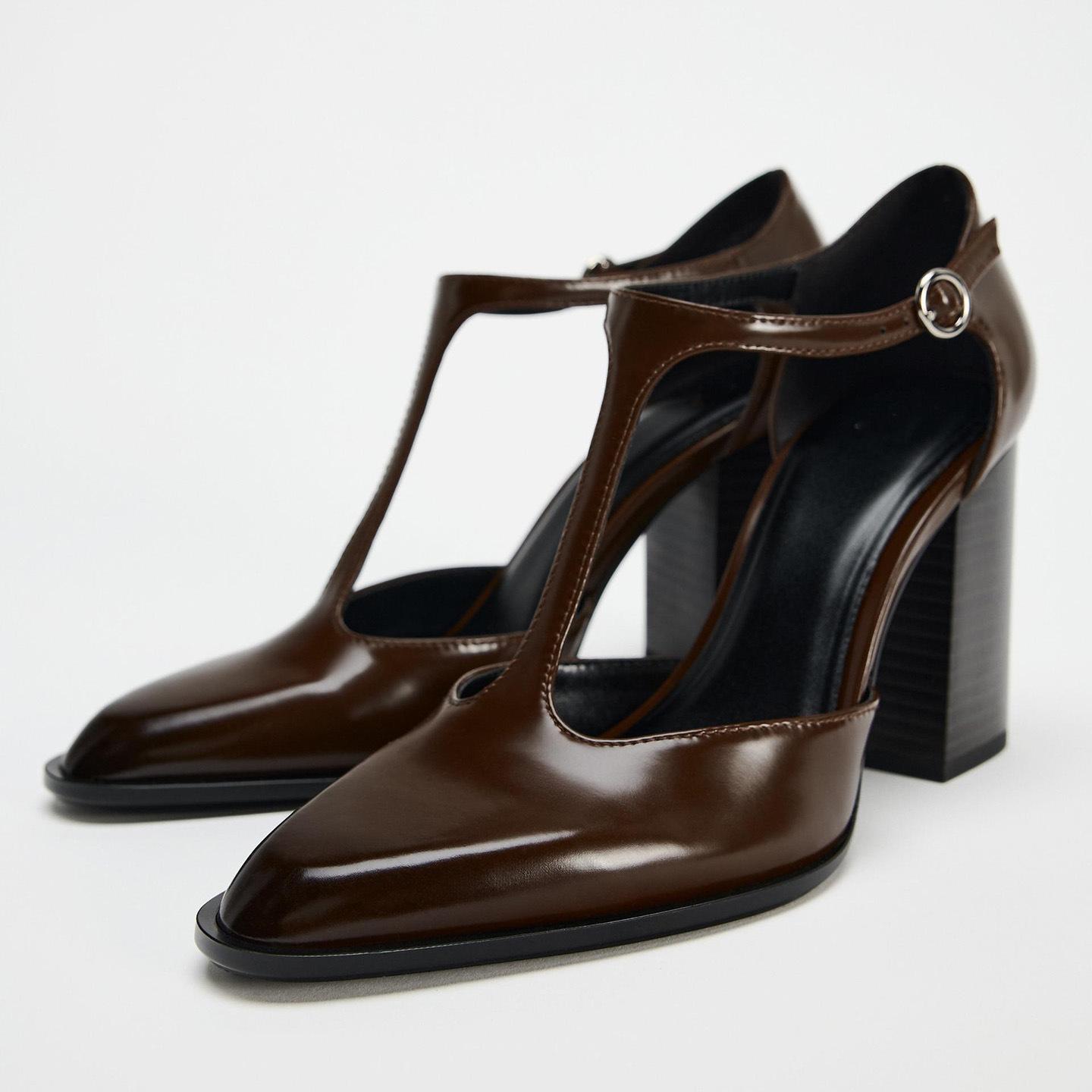 Women s Brown Faux Leather T-Strap Pumps, Vintage Pointed Toe Block Heels Elegant Office Party Wedding Shoes 40 коричневый